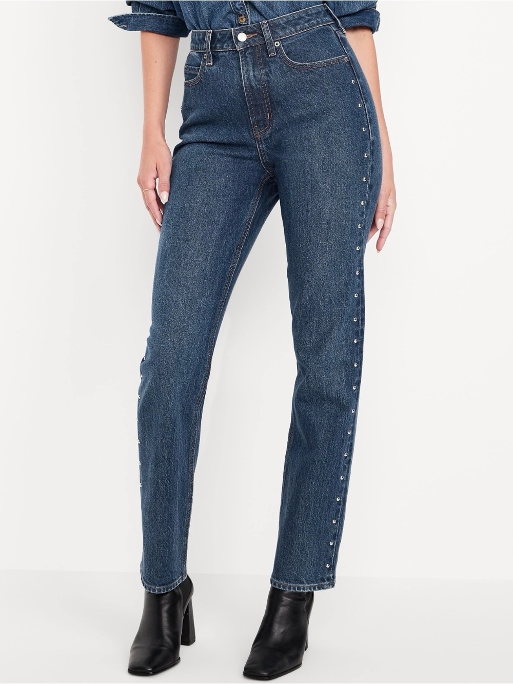 NWT High Waisted Studded Denim Straight Jeans, Size 4 Tall